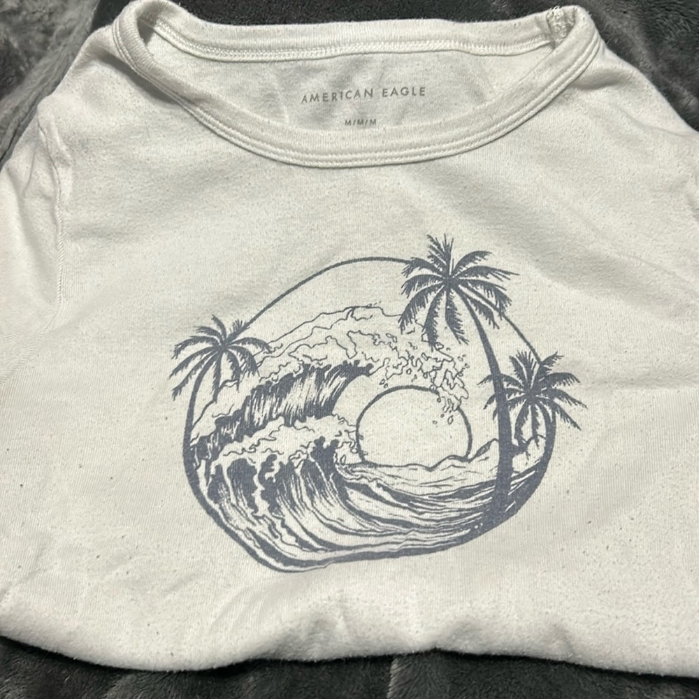 american eagle white and blue baby tee with wave.